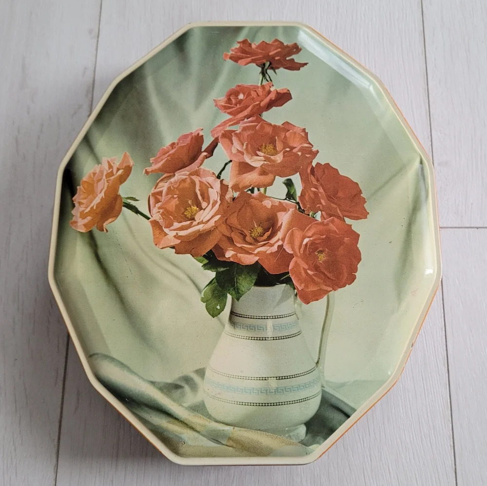 Vintage Tin Harry Vincent Biscuit Blue Bird Confectionery Tin Box w Roses Floral